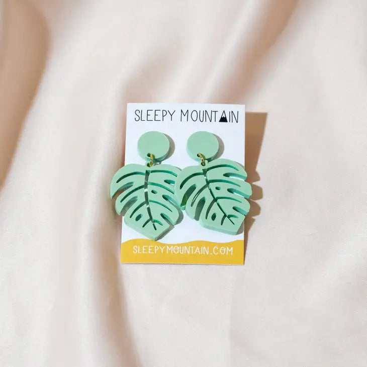 Monstera Leaf Earrings - Pastel Green Acrylic Dangles by Sleepy Mountain