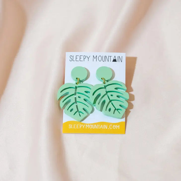 Monstera Leaf Earrings - Pastel Green Acrylic Dangles by Sleepy Mountain