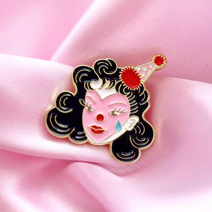 Sad clown girl enamel pin by Bobby Pins Co