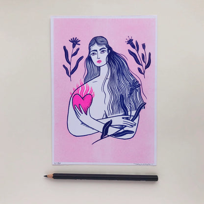 Heart In Hand Pink A4 Riso Print by Uschie