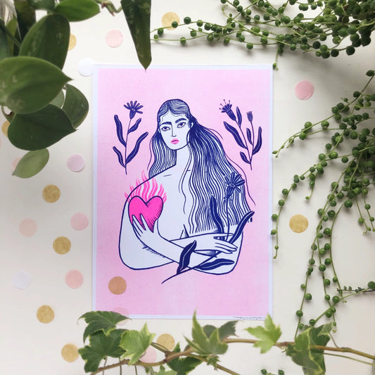 Heart In Hand Pink A4 Riso Print by Uschie