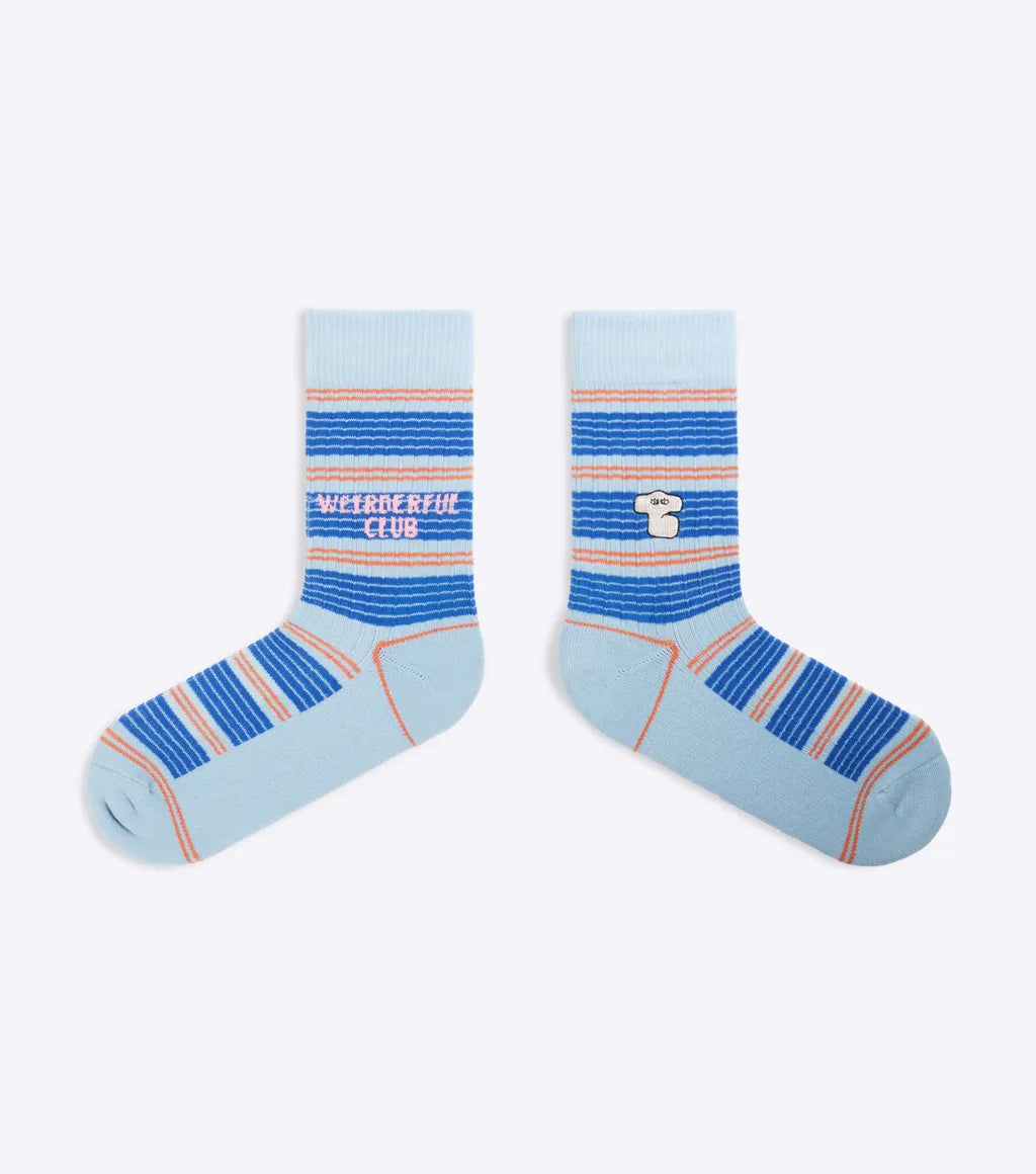 What A Weirdiful World Serious Blue Embroidery Crew Socks by Good Pair Socks