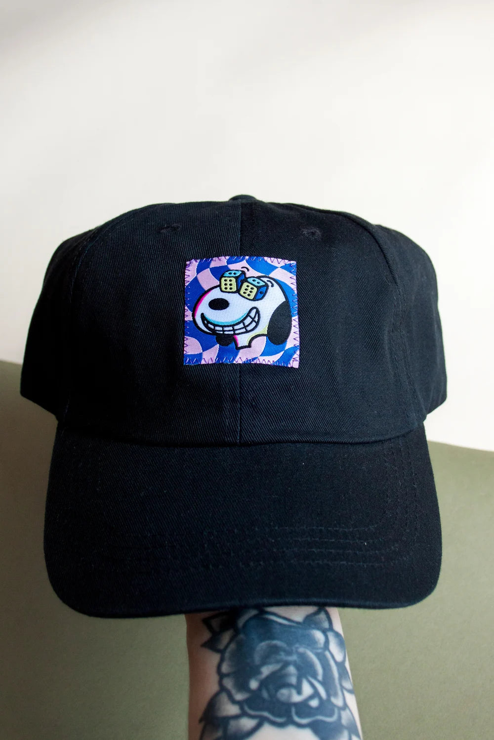 Checkerboard Dog Black Cotton Dad Cap BY FURIOUS CREATIONZ