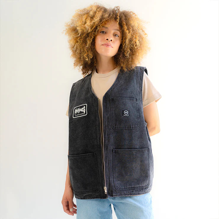 Crest Line Black Wash Denim Vest by NO HOURS