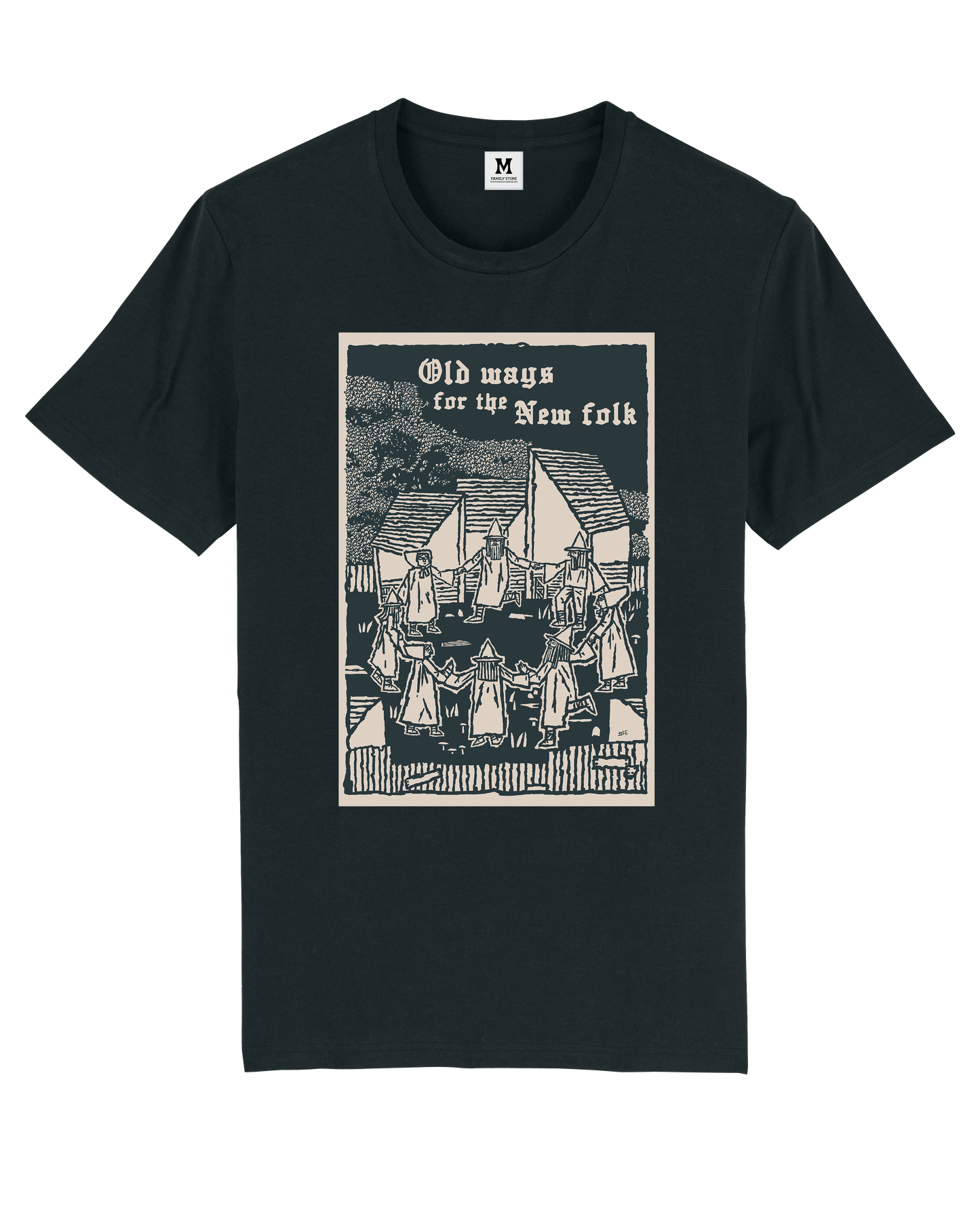 Old Ways, New folks Front only Black Tee by Stewart Easton