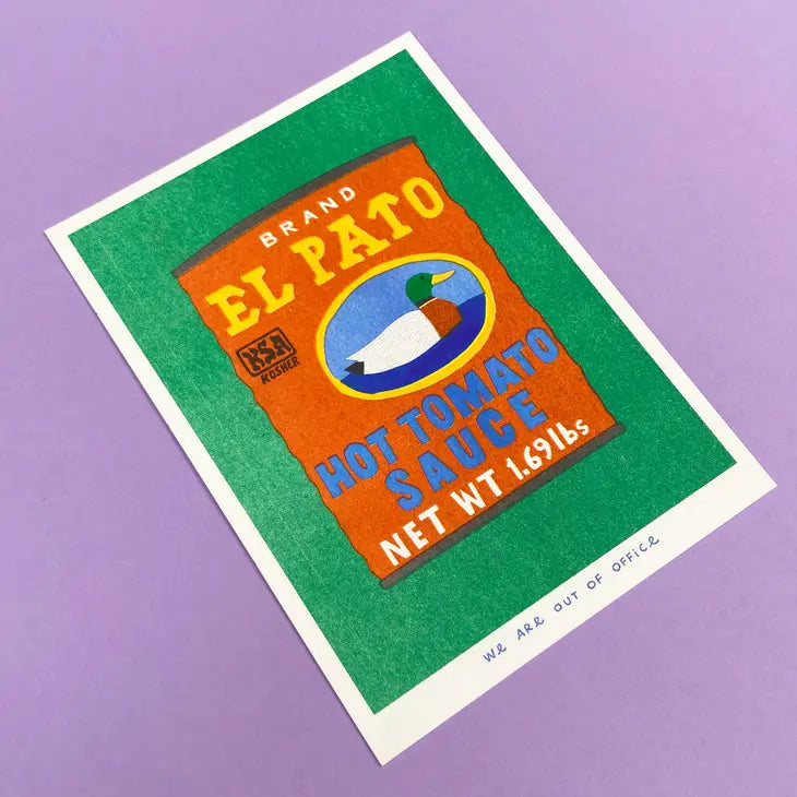 A can of hot tomato sauce risograph print by We Are Out Of Office