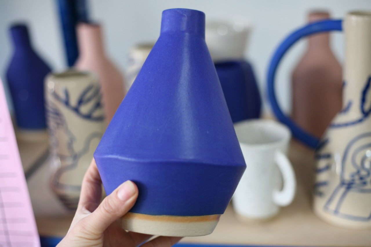 Diamond vase in bright bright blue by Sophie Alda